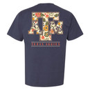 Navy Texas A&M T-shirt featuring script "Texas A&M University" on the front and a large floral-filled Texas A&M logo with "Texas Aggies" on the back. Short sleeve tee for game days and everyday wear.