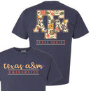 Navy Texas A&M T-shirt featuring script "Texas A&M University" on the front and a large floral-filled Texas A&M logo with "Texas Aggies" on the back. Short sleeve tee for game days and everyday wear.