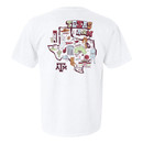 White Texas A&M T-shirt featuring a small Texas-shaped chest graphic and a large back graphic with a colorful Texas state collage of Aggieland landmarks, Reveille, Kyle Field, Blue Bell, wildflowers, boots, and Texas A&M icons.