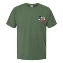 Left chest of a Texas silhouette filled in like the Texas flag with a maroon ATM logo printed in the center. Left chest of a Texas silhouette filled in like the Texas flag with a maroon ATM logo printed in the center.