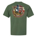 Circular back design with a large buck jumping out of a maroon circle surrounding a state of Texas colored like the Texas flag. Circular back design with a large buck jumping out of a maroon circle surrounding a state of Texas colored like the Texas flag.