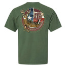 Olive green Texas A&M T-shirt featuring a small Texas outline and Texas A&M logo on the left chest with a large back graphic of a whitetail deer, Texas flag outline, and "Aggie Outdoors" lettering.