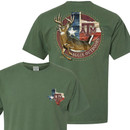 Texas A&M Aggie Outdoors green short sleeve T shirt featuring whitetail deer graphic with Texas state flag design and Texas A&M Aggies logo on back and chest.