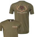 Olive green Texas Aggie Outdoors T-shirt featuring a small left chest graphic and a large back design with antlers, the Texas A&M logo, and "Texas Aggie Outdoors" lettering.