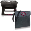 Texas A&M portable charcoal grill featuring a black folding steel design with a maroon Texas A&M logo, matching carrying case, and compact construction for tailgates, camping, and outdoor grilling.