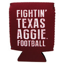 Maroon Texas A&M can cooler featuring a Texas outline with a Texas flag, football graphic, Texas A&M logo, and "Fightin' Texas Aggie Football" design on the reverse.