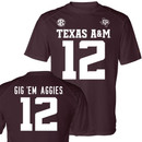 Maroon Texas A&M football jersey T-shirt featuring "Texas A&M" lettering, number 12 on the front and back, SEC graphics, and "Gig 'Em Aggies" text across the back shoulders.