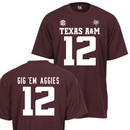 Youth maroon Texas A&M football jersey T-shirt featuring white "Texas A&M" lettering, number 12 on the front and back, SEC graphics, and "Gig 'Em Aggies" text across the back shoulders.