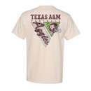 Natural Texas A&M T-shirt featuring a small football-themed chest graphic and a large back design with a football triangle, helmet, field details, and Texas A&M logos.