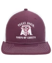 Texas Aggie Corps of Cadets trucker cap featuring a maroon front, white mesh back, and a vintage-style white Corps of Cadets graphic on the front panel.