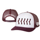 Texas A&M youth baseball trucker hat featuring a white front with raised maroon baseball stitching, maroon bill, maroon mesh back, side Texas A&M logo, and "Aggie Baseball" embroidered above the snapback closure.