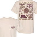 Cream Texas A&M pocket t shirt with Aggieland collage back graphic featuring Reveille, Century Tree, Texas A&M logo, boots, and College Station Texas text