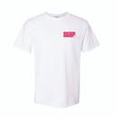 "TAMU" in pink bubble letters with a small smiley face in the bottom right corner all printed on the left chest. "TAMU" in pink bubble letters with a small smiley face in the bottom right corner all printed on the left chest.