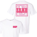 Front and back of the Pink TAMU short sleeve t-shirt in white. Front and back of the Pink TAMU short sleeve t-shirt in white.