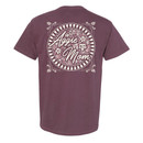 Full back design with a circle filled with pink and white flowers, and a surrounding circle border of white hearts. Printed over the center is a white script "Aggie Mom."