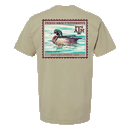 Full back design of a mail stamp with a distressed image of a wood duck and an ATM logo in maroon in the corner.