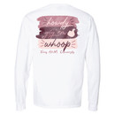 Full back design featuring "Howdy," "gig 'em," and "whoop" stacked on top of one another in white, mauve, and maroon ink. Full back design featuring "Howdy," "gig 'em," and "whoop" stacked on top of one another in white, mauve, and maroon ink.