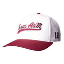 White and maroon Texas A&M hat with script lettering and number 12 on the side.
