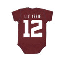 Full back design of a large number 12 in white with "LIL AGGIE" centered above it. Full back design of a large number 12 in white with "LIL AGGIE" centered above it.