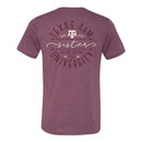 Circular back design with a script font "sister" in white ink running between "TEXAS A&M" above and "UNIVERSITY" below in maroon ink.