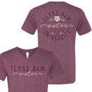 Front and back of the maroon v-neck Sister Circle t-shirt.