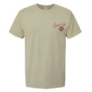 Left chest design with a swoosh style script "Grandpa" in tan ink centered above a maroon ATM. Left chest design with a swoosh style script "Grandpa" in tan ink centered above a maroon ATM.