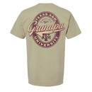 Full Back design of a vertical maroon oval with a hollow center. Printed in the middle is a swoosh style script "Grandpa" in tan ink. Around the oval says TEXAS A&M UNIVERSITY in tan ink. Full Back design of a vertical maroon oval with a hollow center. Printed in the middle is a swoosh style script "Grandpa" in tan ink. Around the oval says TEXAS A&M UNIVERSITY in tan ink.