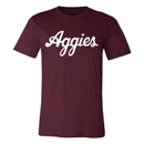 Maroon Texas A&M short sleeve crewneck tee featuring large white “Aggies” script lettering across the center chest for a simple, classic design that showcases Texas A&M school spirit.
