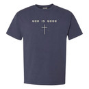 Front design with "GOD IS GOOD" centered over a cross all embroidered in off-white thread.