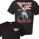 Black Texas A&M Aggie Rodeo T shirt featuring a vintage western cowboy rodeo graphic on the back with Aggieland College Station TX text and a matching Texas Aggies chest logo