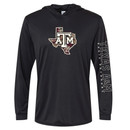 Black Texas A&M Aggies hooded long sleeve performance shirt with camo Texas state ATM logo and sleeve graphic