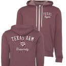Maroon Texas A&M Aggies full zip hoodie featuring a vintage Texas A&M University 1876 graphic on the back with a Texas ATM logo and matching front chest design