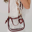 Texas A&M clear handbag with maroon trim, ATM heart charm, and adjustable straps.