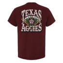 Maroon Texas A&M Aggies T shirt with small front chest logo and large back graphic featuring crossed bats and Texas A&M Aggies text.