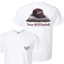 White Texas A&M Baseball pocket t shirt featuring Olsen Field at Blue Bell Park graphic on back, base and cap