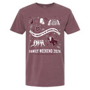 Texas A&M Family Weekend 2026 t shirt featuring illustrated Aggieland icons on the front