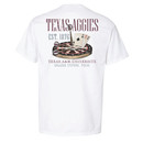 Texas A&M Aggies white pocket t shirt with dartboard and playing cards graphic and Texas A&M University text on back