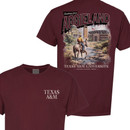 Texas A&M Aggies Greetings from Aggieland t shirt with illustrated campus scene and vintage postcard style design