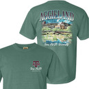 Texas A&M Aggieland scenic t shirt with Kyle Field campus illustration and Aggies logo on green shirt