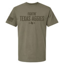 Fightin Texas Aggies olive green t shirt with front Texas A&M Aggies text, 1876 detail, Texas silhouette, and American flag on sleeve