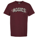 Maroon Texas Aggies short sleeve T shirt featuring arched Aggies lettering with star accents representing Texas A&M University fan apparel.