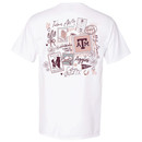 White Texas A&M pocket t shirt with pink and maroon stamp collage back graphic featuring Aggies, College Station TX, 1876, western icons and ATM logo