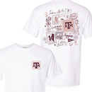 White Texas A&M pocket t shirt with pink and maroon stamp collage back graphic featuring Aggies, College Station TX, 1876, western icons and ATM logo