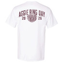 White Texas A&M Aggies Aggie Ring Day 2026 t shirt with ring graphic on the back and small Texas A&M logo on the front