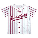 Youth Texas A&M Aggies sublimated baseball style t shirt with maroon pinstripes, Texas A&M script on the front, and number 12 on the back