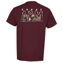 Maroon Texas A&M t shirt with illustrated Texas A&M lettering and Aggieland themed artwork on the back and small matching logo on the front