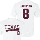 Texas A&M Chris Hacopian baseball jersey tee featuring Texas Aggies on front and Hacopian number 8 on back in maroon lettering.