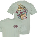 Texas A&M Aggies sage green t shirt with deer and fish Aggie Dad graphic on back and small front logo