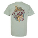 Texas A&M Aggies sage green t shirt with deer and fish Aggie Dad graphic on back and small front logo