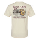 Texas A&M Aggies light colored T shirt with Texas A&M University text on front and Aggie Ring 1876 graphic on back